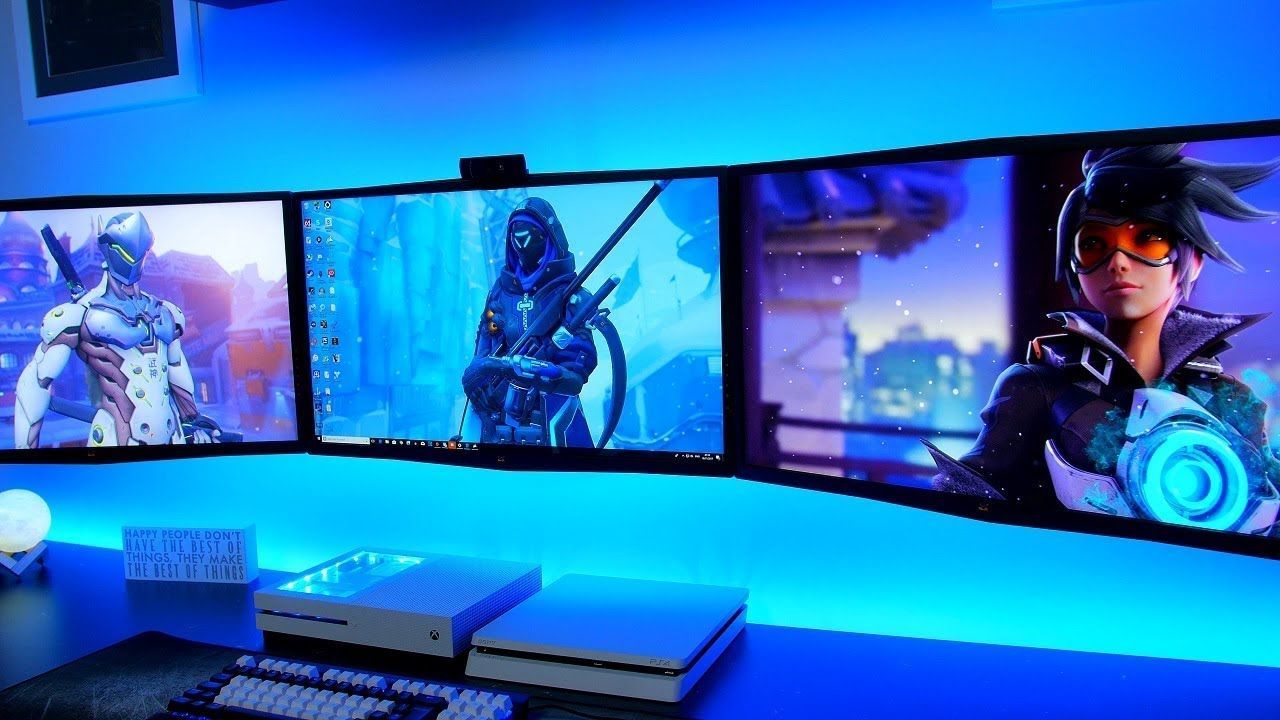 gaming setup wallpaper blue