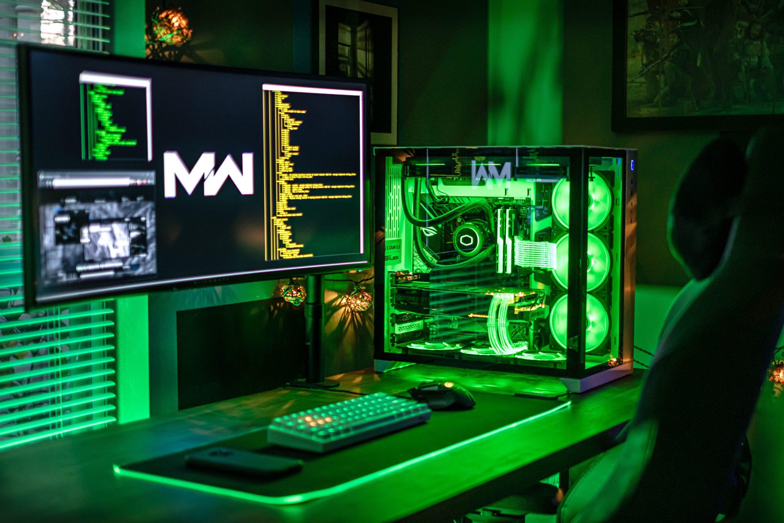 gaming setup wallpaper green