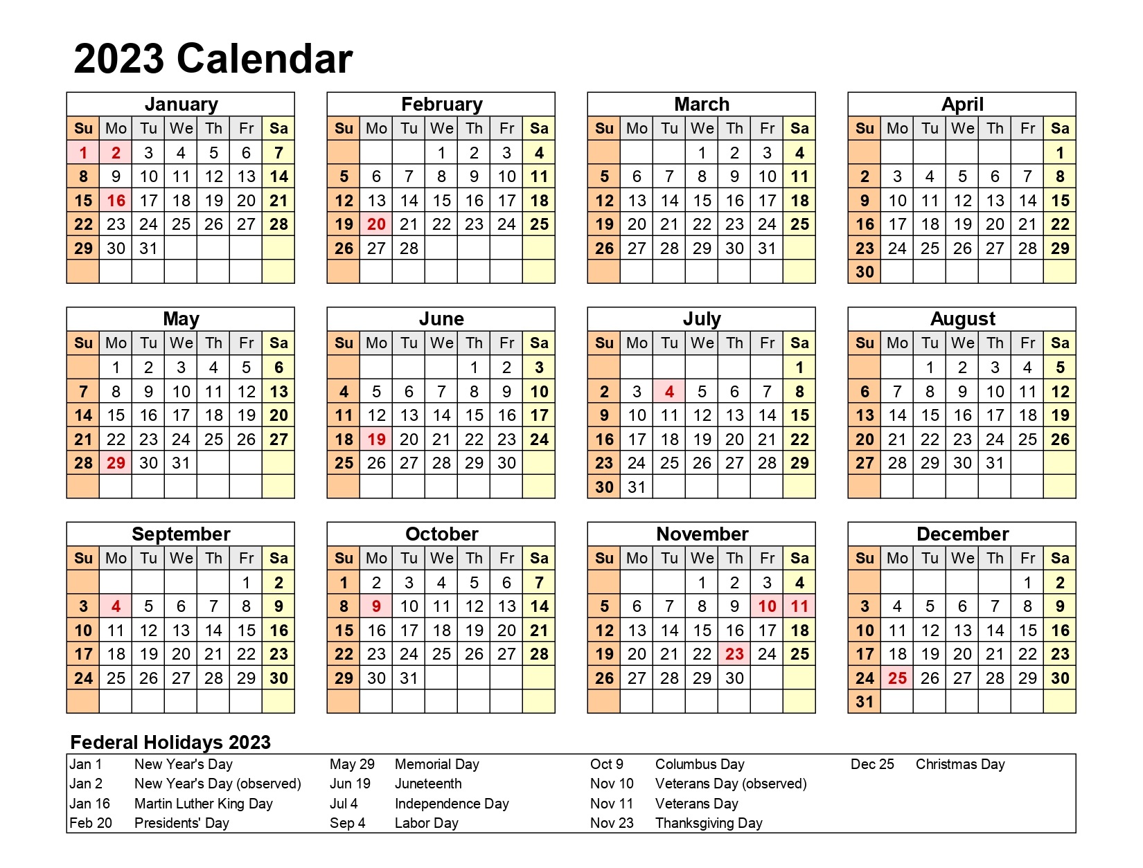 free printable yearly calendar 2023