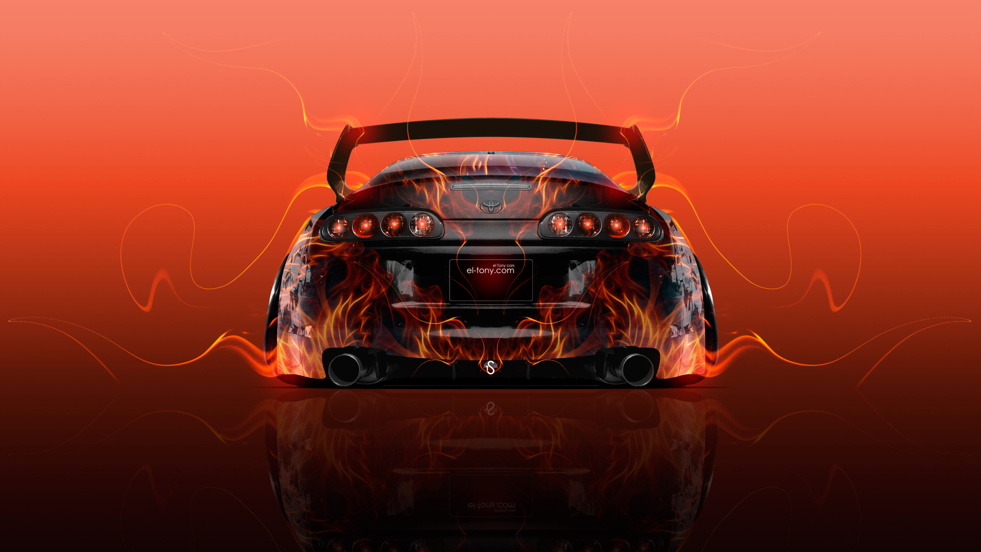 Black Car, Red Background, Flames, Fire Smoke, Racing Car, Spoiler, Toyota, Sport Car,